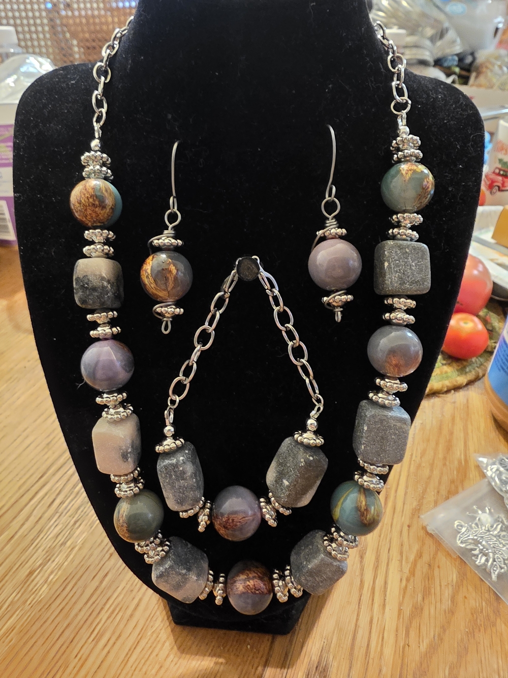 Handmade Multicolor Stone Necklace Set - Purple, Gray, Teal